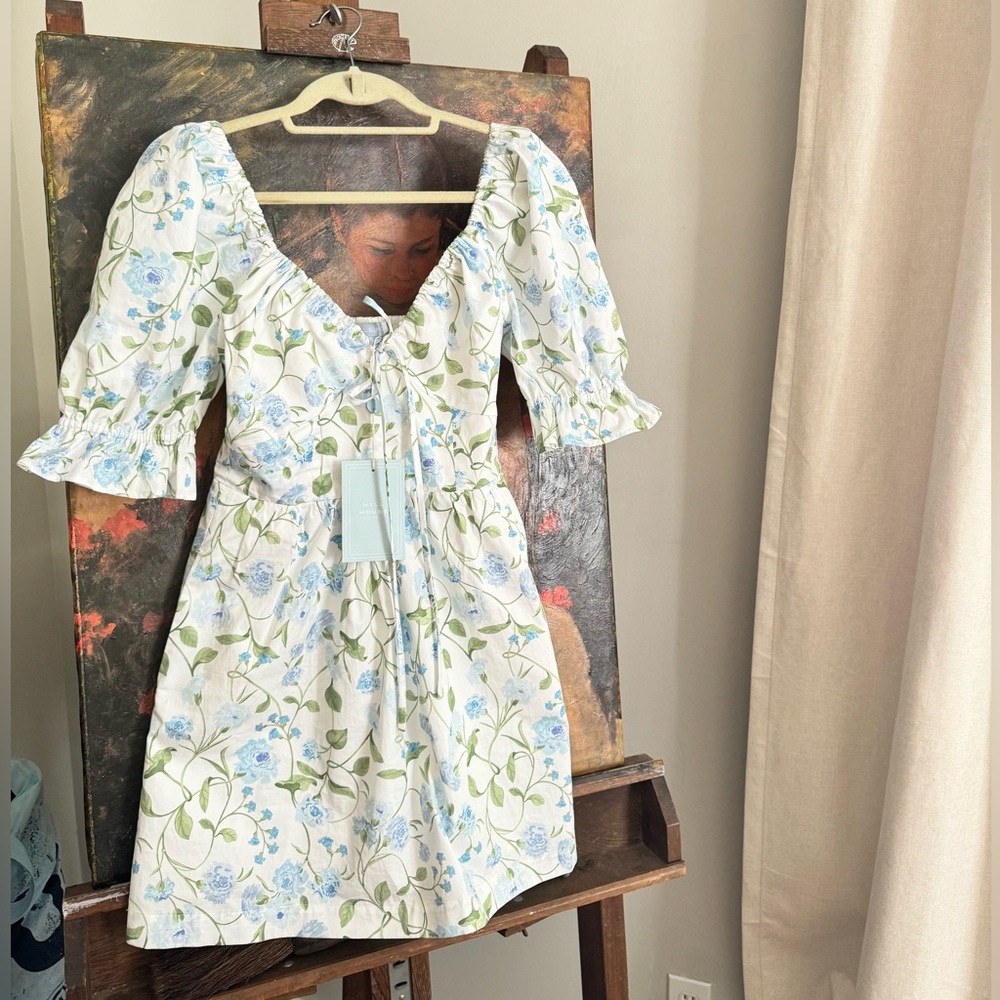 Hill House White Floral Puff-Sleeve Mini Dress with Blue and Green Print